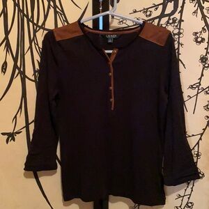 Lauren Ralph Lauren Women’s Black Henley Top Faux Leather Roll Tab Sleeves